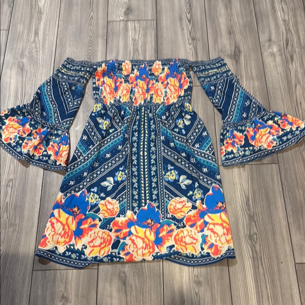 Flying tomatoFloral Off-Shoulder Kids Dress - Blue and Orange small